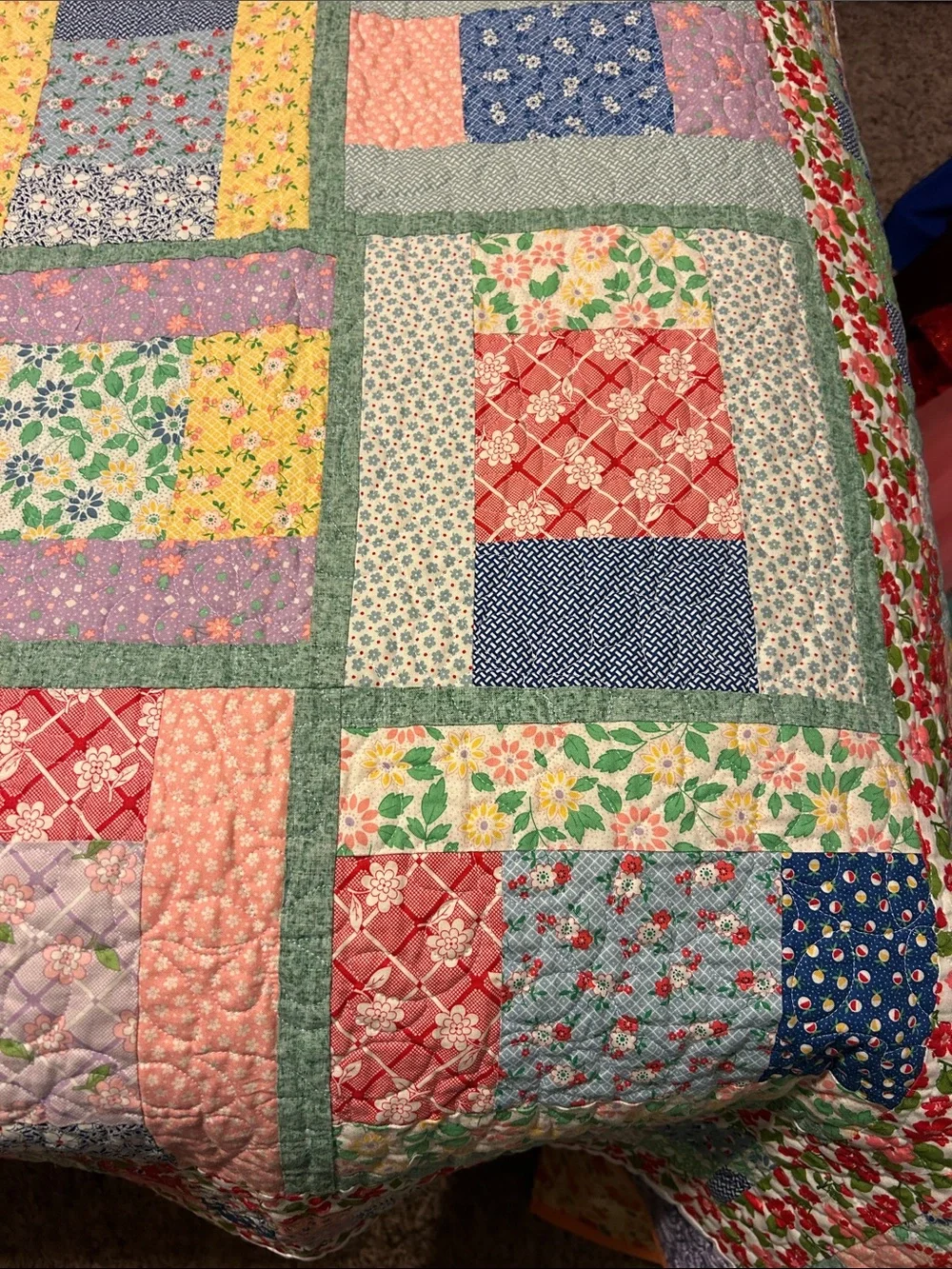 ONE OF A KIND- HANDCRAFTED Floral Quilt in Pastel Multicolor